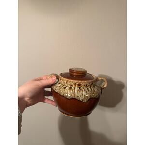 2570 Antique Harker Pottery Rockingham Brown Drip Bean Pot and Lid